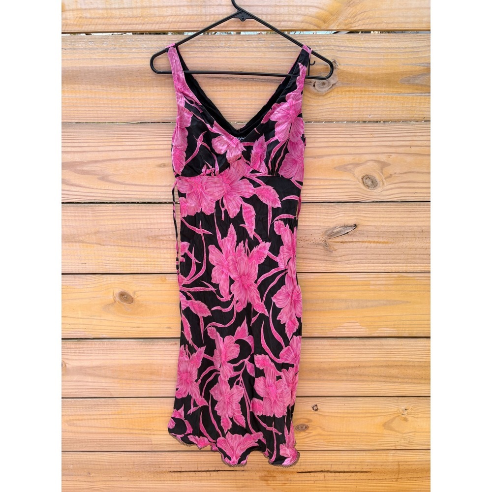 Betsey Johnson New York Pink Floral Hibiscus Black Midi Dress V-Neck Lace Trim S - Picture 2 of 8